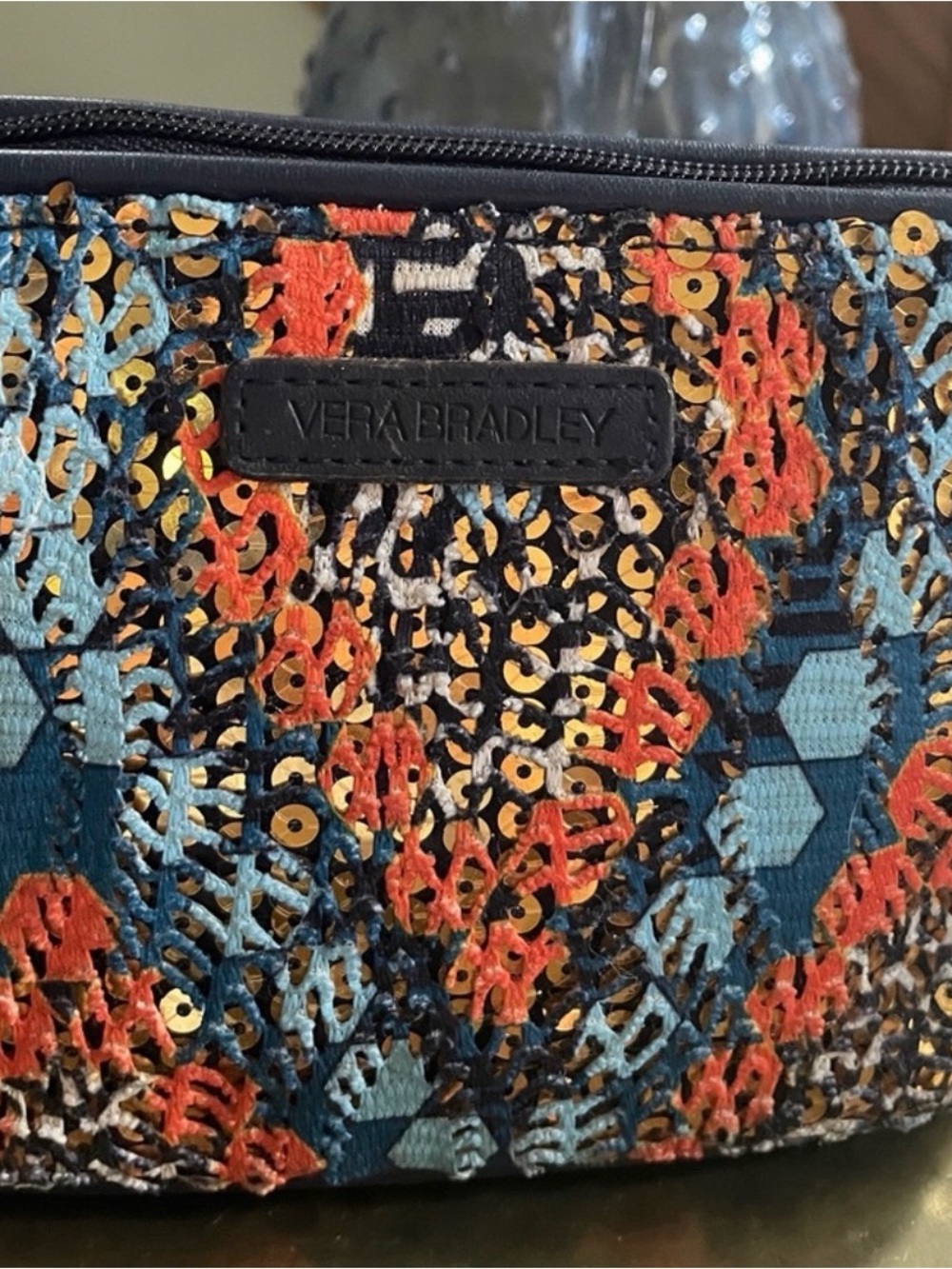 Vera Bradley Navy Teal Coral Embroidered Cosmetic Pouch - Picture 2 of 7